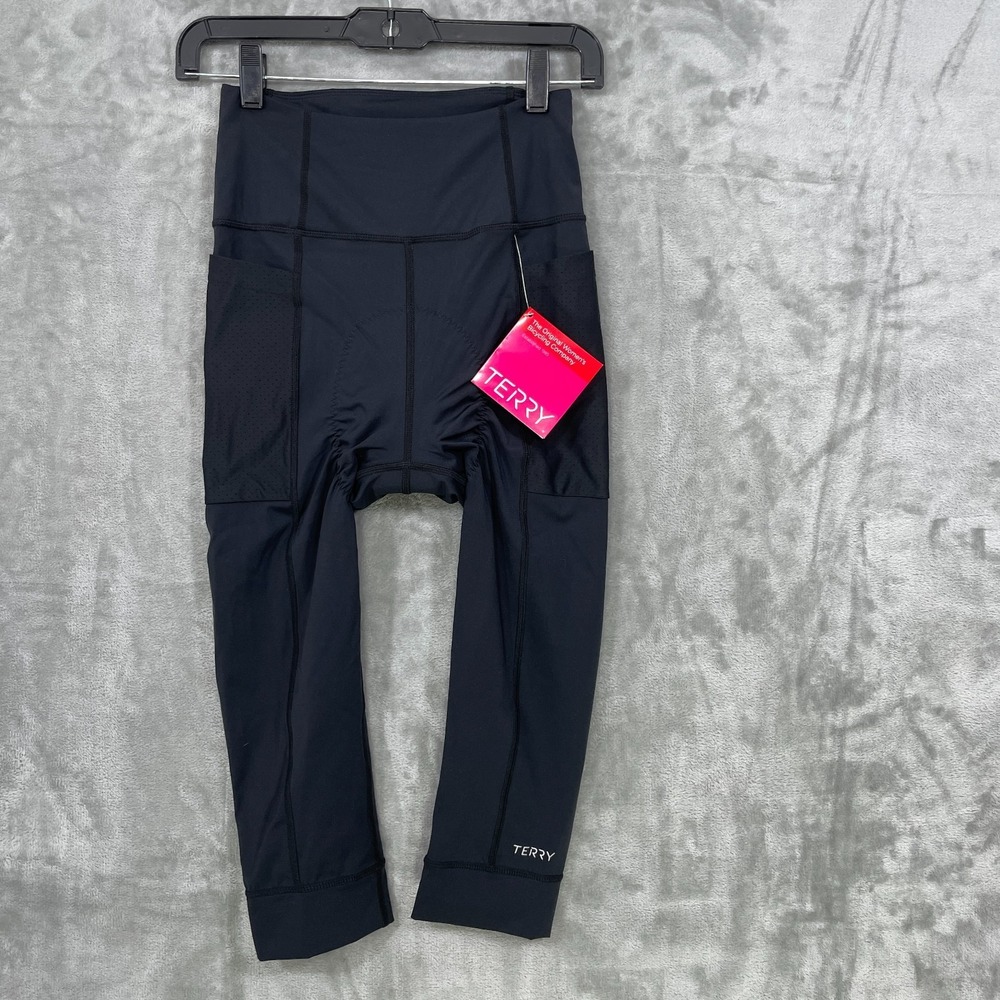 NWT Terry Cycling Women S Black Padded Capri Bike Leggings Mesh Pockets $139 NEW